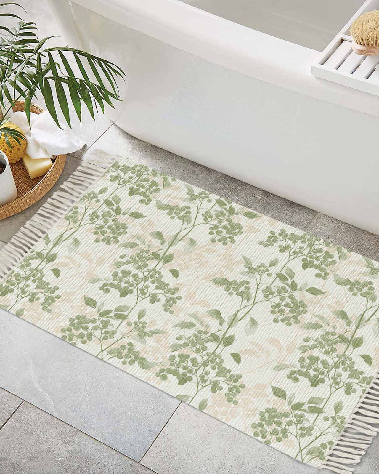 Sage Green Botanical Bath Rug 2x3ft Woven Bathroom Entryway Runner Rug,Vintage Nature Flower Washable Living Room Hallway Bedroom Kitchen Carpet with Tassels,Indoor Outdoor Throw Doormat