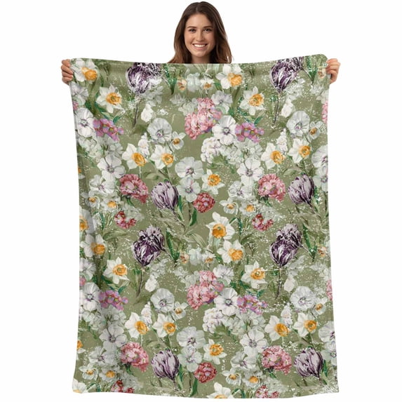 Sage Green Botanical Blanket Soft Cozy Warm Throw Blanket for Couch, Plush Fuzzy Flannel Fleece Blankets for Sofa, Spring Floral Summer Botanical Vintage Bed Blankets Gifts for Men, 50"x60"