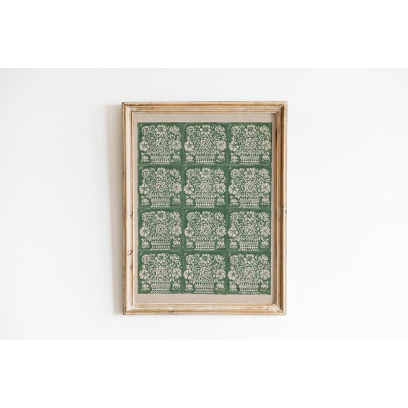 Sage Green Botanical Blockprint Wall Art Print