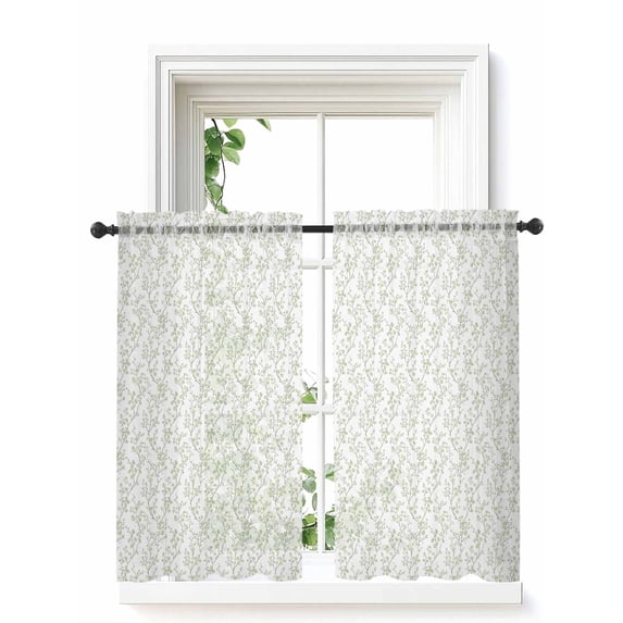 Sage Green Botanical Curtains 45 Inch Length, Sheer Curtains for Bedroom Living Room Window Plant Flower Floral Tree Branch Rod Pocket Voile Drapes Kitchen Curtains Small Half Window 42"x45" 2 Panels