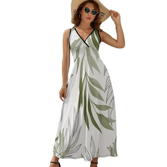 Sage Green Botanical Dress Summer Street Style Bohemia Long Dresses Female Sleeveless Printed Maxi Dress