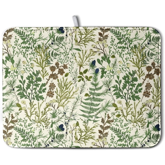Sage Green Botanical Floral Dish Drying Mat for Kitchen Counter Vintage Herbs Fern Leaves Plant Drying Mats Absorbent Microfiber Dishes Drainer Mats Washable Dish Draining Pad Extra Large 18"x24"