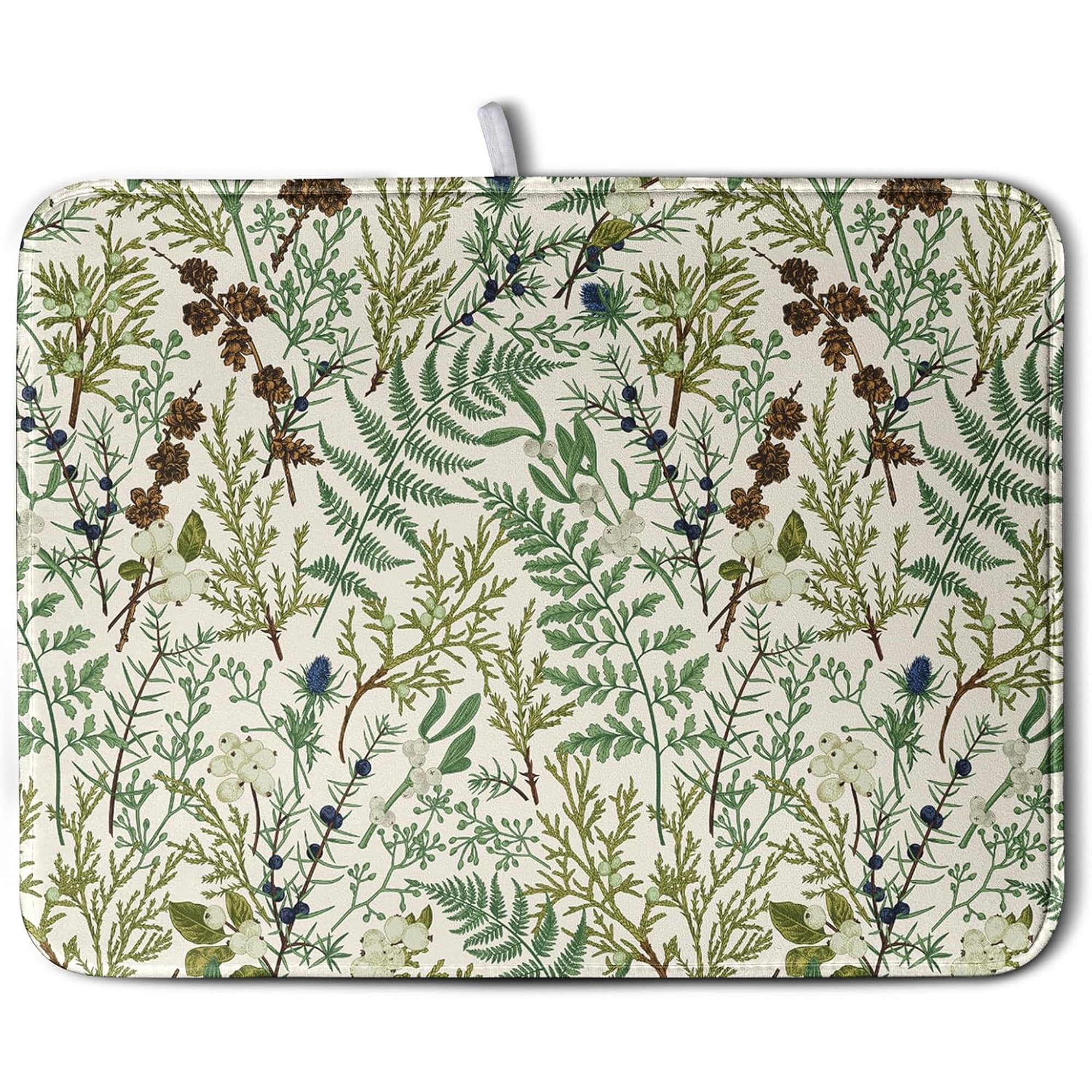 Sage Green Botanical Floral Dish Drying Mat for Kitchen Counter Vintage Herbs Fern Leaves Plant Drying Mats Absorbent Microfiber Dishes Drainer Mats Washable Dish Draining Pad Extra Large 18"x24"