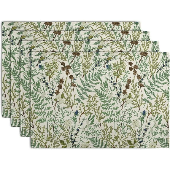 Sage Green Botanical Floral Placemats Set of 4 Vintage Tropical Herbs Fern Leaves Place Mats 12x18 Inch Seasonal Plant Spring Summer Linen Fabric Table Mats for Party Kitchen Dining Decor