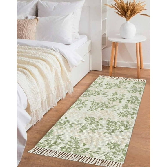 Sage Green Botanical Hallway Runner Rug 2x6ft, Vintage Nature Flower Washable Woven Living Room Bedroom Kitchen Bathrom Carpet with Tassels, Non-Shedding Indoor Outdoor Throw Door Mat for Entryway