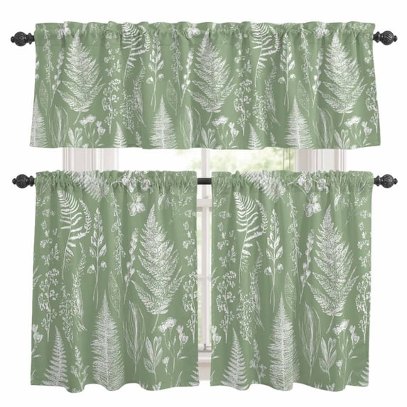 Sage Green Botanical Kitchen Curtains Sets for Windows 36 Inch Length, Farmhouse Country Leaves Plant Rod Pocket Window Treatments Tier Curtains and Valances Set for Bedroom/Bathroom