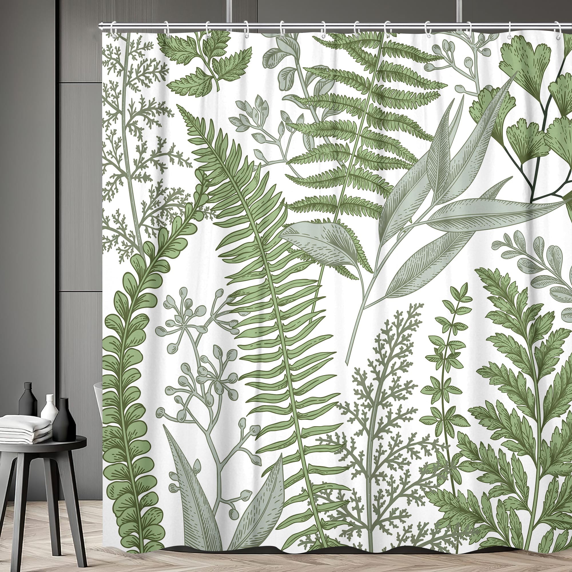 Sage Green Botanical Leaves Shower Curtain for Bathroom, Abstract ...