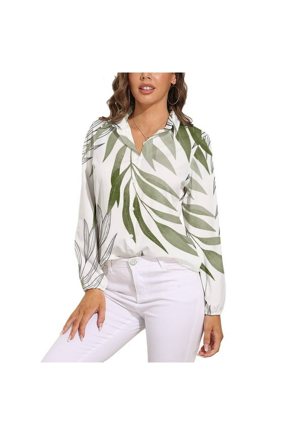 Sage Green Botanical Long Sleeve Blouse Woman Streetwear Casual Shirts Summer Oversize Woman Streetwear Clothing Birthday Present