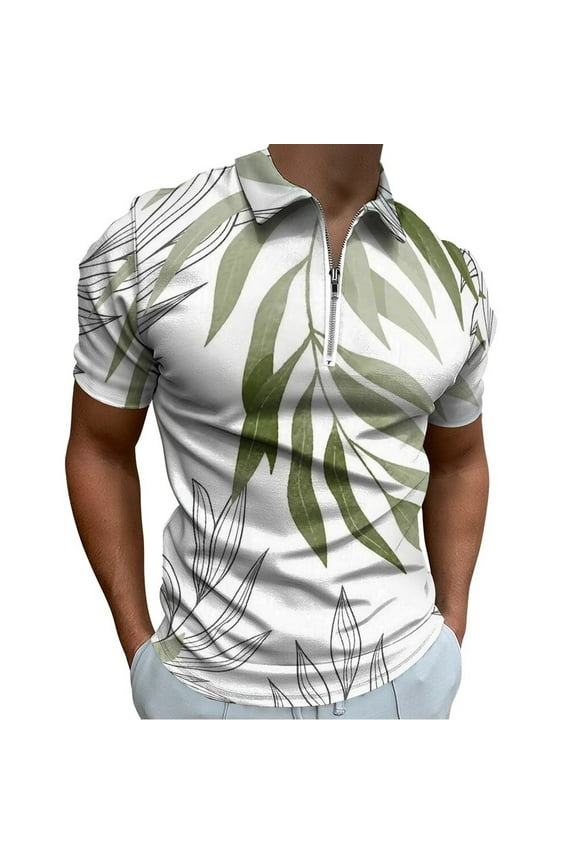 Sage Green Botanical Men Zipper T-shirt Summer Casual Short Sleeve T-shirt Top