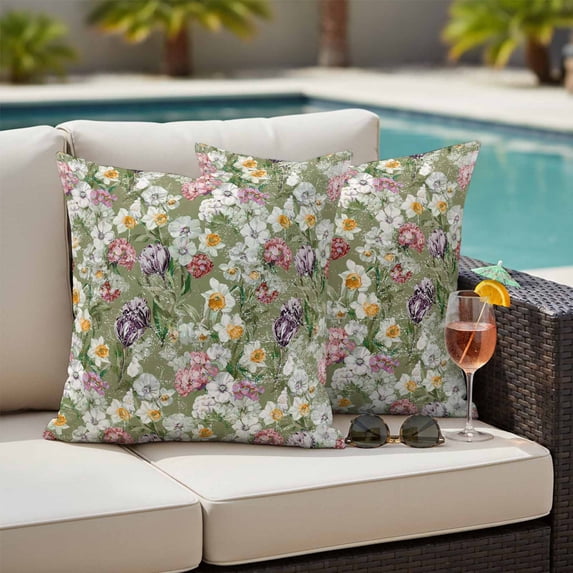 Sage Green Botanical Outdoor Pillow Covers 18x18 Inch Throw Pillow Covers Set of 2 Waterproof Decorative Pillow Cases Spring Floral Summer Botanical Vintage Cushion Covers for Patio Furniture Garden