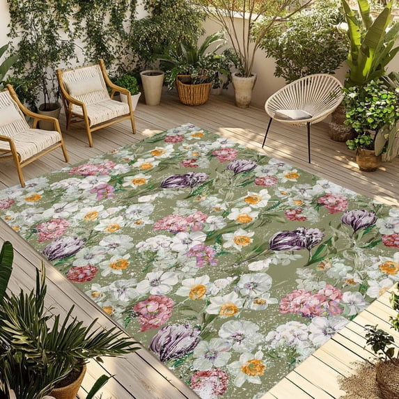 Sage Green Botanical Outdoor Rug for Patio/Deck/Porch, Non-Slip Large Area Rug 5 x 7 Ft, Spring Floral Summer Botanical Vintage Indoor Outdoor Rugs Washable Area Rugs, Camping Rug Carpet Runner