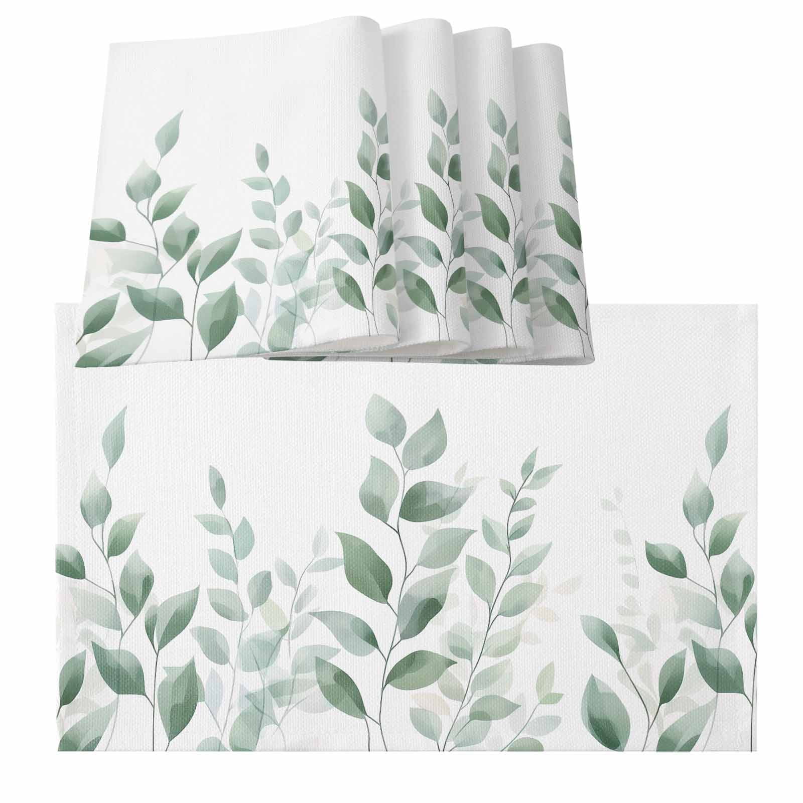 Sage Green Botanical Pastoral Leaf Watercolor Burlap Kitchen Place Mats ...