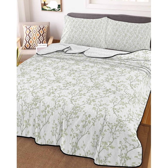 Sage Green Botanical Queen Size Down Alternative Comforter, Lightweight Comforter Quilt Bedding Set with Pillow Shams Plant Flower Floral Tree Branch All Seasons Bed Comforter Duvet Insert 90"x96"