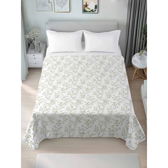 Sage Green Botanical Queen Size Flat Sheet, Wrinkleproof & Fadeproof Cooling Flat Bed Sheet Only, Plant Flower Floral Tree Branch Breathable Soft Bedding Top Sheets 90 x 102 Inches