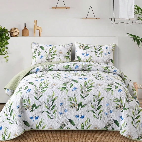 Sage Green Botanical Quilt Set Queen3 Pieces Floral Bedspread Reversible Lightweight Bedding Set With 2 Pillowcases For All Season Sage Green 96x90