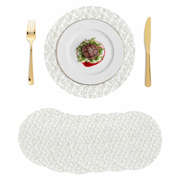 Sage Green Botanical Round 13 Inch Placemats Set of 6, Plant Flower Floral Tree Branch HeatResistant Non Slip Place Mats for Dining Table, Wipeable Braided Kitchen Table Mats for Housewarming
