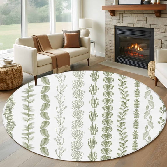 Sage Green Botanical Round Area Rug 7Ft Washable Circle Rugs for Dorm Laundry Room, Modern Farmhouse Tropical Leaves Non-Slip Carpet Floor Mats Indoor Outdoor Carpet Runner Aesthetic Home Decor