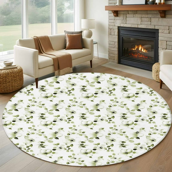 Sage Green Botanical Round Rug 5ft Washable Circle Kitchen Rugs Non Slip Retro Blossom Floral Wildflower Large Area Rug Indoor Floor Carpet for Bedroom Living Room Home Office Dining Room Nursery