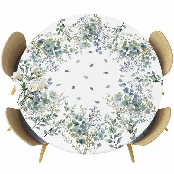 Sage Green Botanical Round Tablecloth 36-44 Inch Round Fitted Table Cloth with Elastic Edge, Summer Spring Leaf Watercolor Waterproof Table Cover Protector for Outdoor Picnic Party Dining