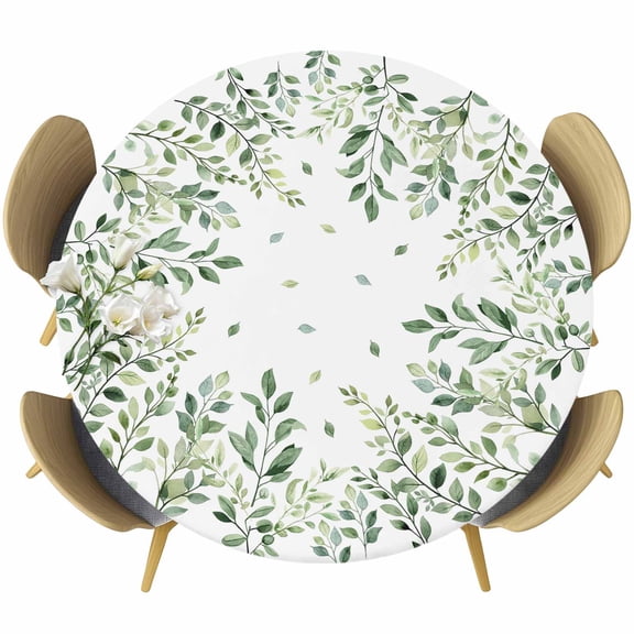 Sage Green Botanical Round Tablecloth 55-60 Inch Round Fitted Table Cloth with Elastic Edge, Spring Summer Leaf Watercolor Waterproof Table Cover Protector for Outdoor Picnic Party Dining