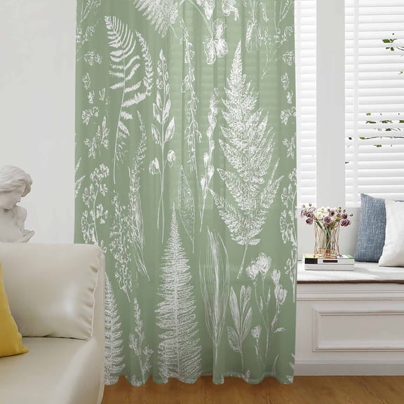 Sage Green Botanical Semi Sheer Curtains Drapes for Living Room, Bedroom, French Doors Window 45 Inches Long, Farmhouse Country Leaves Plant Rod Pocket Chiffon Curtain Drapery Voile Draperies Panel