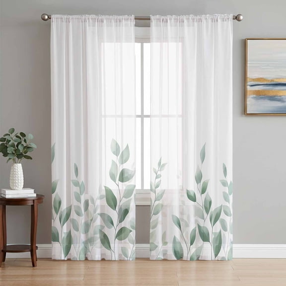 Sage Green Botanical Semi Sheer Window Curtains 108 Inches Long, Pastoral Leaf Watercolor Rod Pocket Voile Silky Chiffon Curtain Light Filtering Drapes for Living Room, Kitchen, 52"x108", 2 Panels