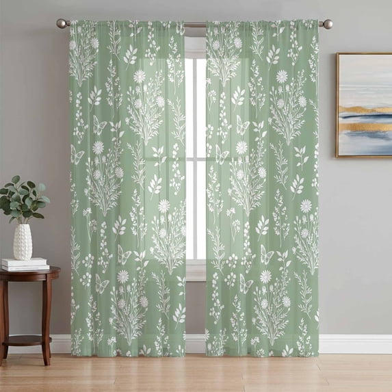 Sage Green Botanical Sheer Curtains 63 Inch Length 2 Panels Set, Spring Summer Chic Wildflowers Voile Window Treatment Rod Pocket Curtains Sheers Drapes for Bedroom/Living Room/Kitchen 52x"63"x2