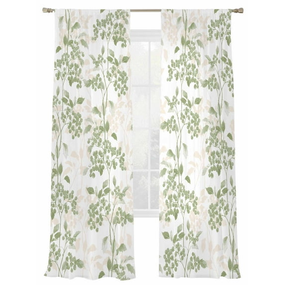 Sage Green Botanical Sheer Curtains 96 Inch Length 2 Panels Set, Semi Transparent Voile Rod Pocket Curtains for Living Dining Room Bedroom Drapes Vintage Nature Flower