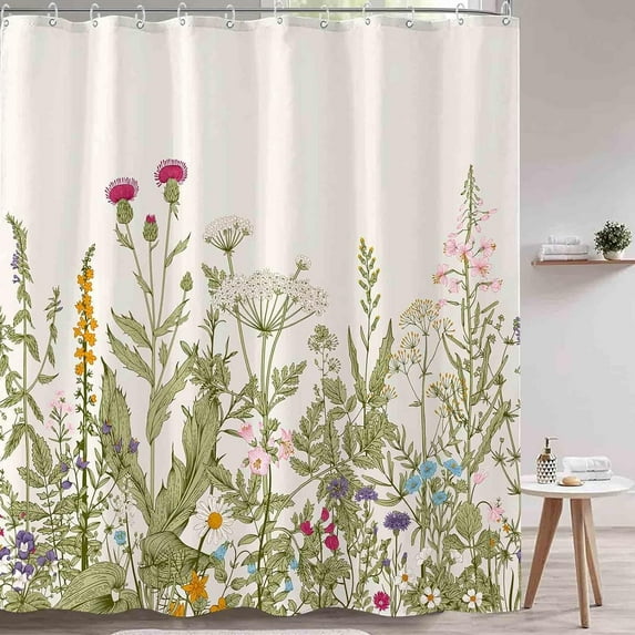 Sage Green Botanical Shower Curtain, Pretty Wildflower Herbs Plant Leaves Fabric Decorative Shower Curtains with 12 Hooks for Bathroom 72 ×72 Inch