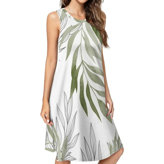 Sage Green Botanical Spring Summer Dresses for Women Fashion T-shirt Dress Casual Sleeveless Loose Sundress with Pockets