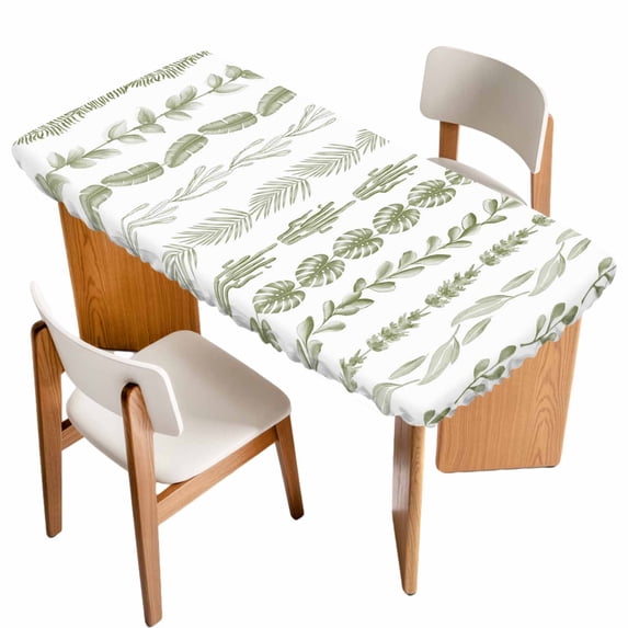 Sage Green Botanical Table Cloths for 4 Foot Rectangle Tables, Modern Farmhouse Tropical Leaves Patio Waterproof Elastic Fitted Tablecloths, Washable Rectangular Table Cover for Camping