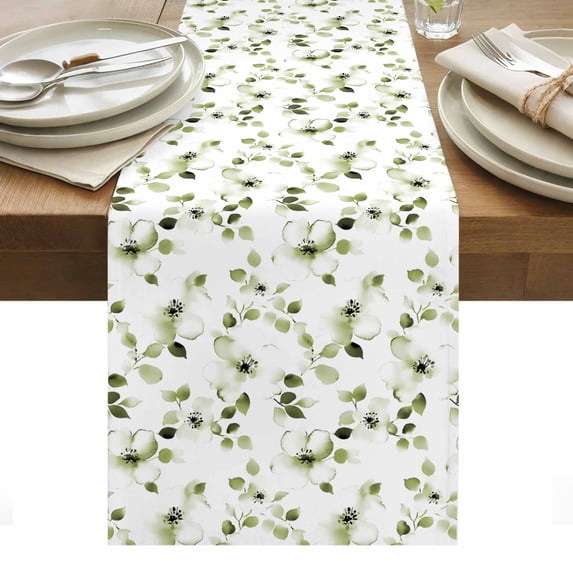 Sage Green Botanical Table Runner - 108 Inch Long, Kitchen Dining Table Runner Dresser Scarves, Retro Blossom Floral Wildflower Farmhouse Decor for Coffee Tables Wedding Party Banquet