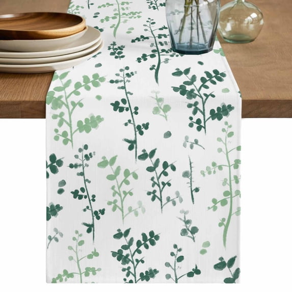 Sage Green Botanical Table Runner 72 Inches, Watercolor Spring Floral Summer Leaf Bed Runner Dresser Scarves Tabletop for Indoor Outdoor Parties/Ceremony/Banquet, 18" x 72"