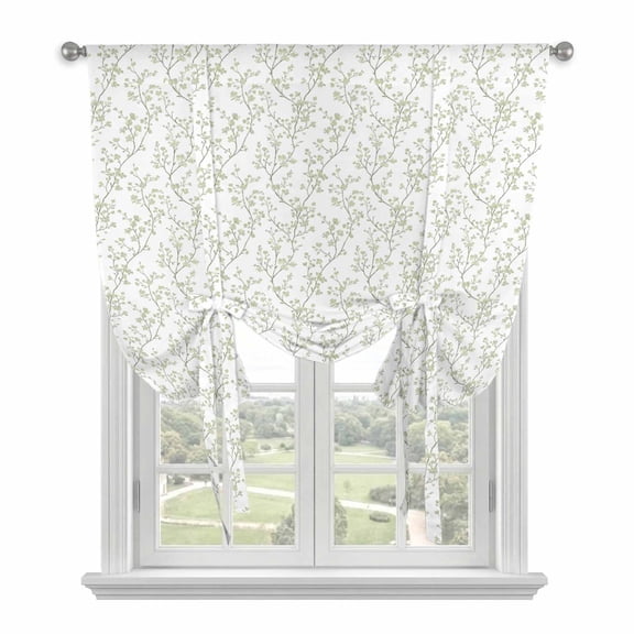 Sage Green Botanical Tie Up Curtains for Windows, Adjustable Rod Pocket Valance Shade, Plant Flower Floral Tree Branch Light Filtering Window Treatment for Kitchen Bedroom Living Room 34"x 45"