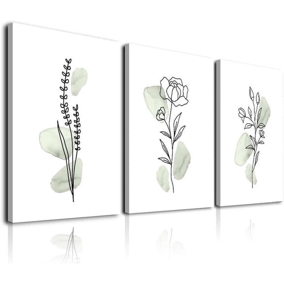 Sage Green Botanical Wall Art, Boho Wall Art Farmhouse Decor, Framed Plant Wall Decor Sage Green Watercolor Wild Flowers Floral Leaf Line Canvas Paintings, Minimalist Botanical Prints for Bedroom