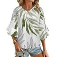 thumbnail image 1 of Sage Green Botanical Women's V-Neck Blouse With 3/4 Ruffled Bell Sleeves Casual Top Ladies Blouses, 1 of 7