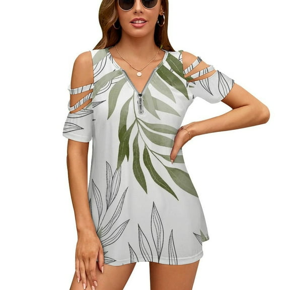 Sage Green Botanical Womens Summer V Neck Zipper Top Short Sleeve T Shirt Off Shoulder Top Casual Classy Loose Shirts
