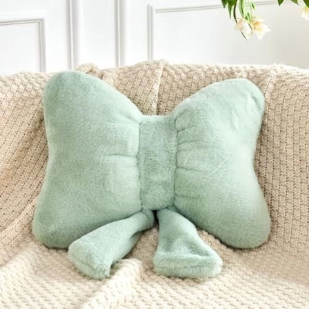 Sage Green Bow Pillow, Soft Bow Decorative Pillows with Faux Rabbit Fur, Cute 16" Bow Throw Pillows, Aesthetic Home Decor Bow Shaped Plush Pillow for Bedroom Sofa Couch