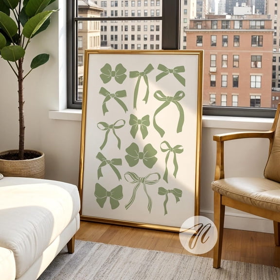 Sage Green Bows Wall Art Coquette Room Decor, Unframed Paper Print Size 8x12