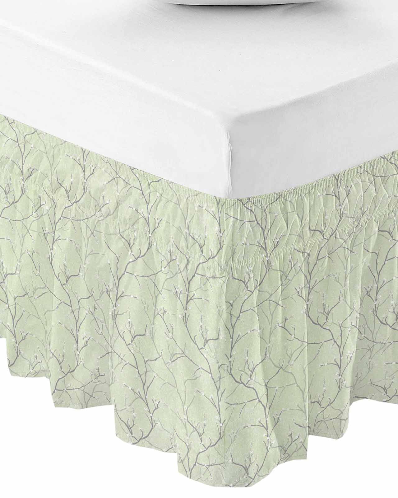 Sage Green Branches Bed Skirt Cal King 18 Inch Drop, Wrap Around Bed Skirts, Vintage Art Farmhouse Elastic Bedskirt Pleated Bed Frame Cover Luxurious Dust Ruffle for Cal King Bed