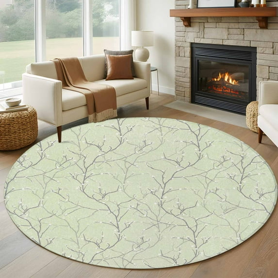 Sage Green Branches Round Rug 7ft Washable Circle Rugs Non Slip Vintage Art Farmhouse Large Area Rug Indoor Floor Carpet for Bedroom Kitchen Living Room Home Office Dining Room Nursery