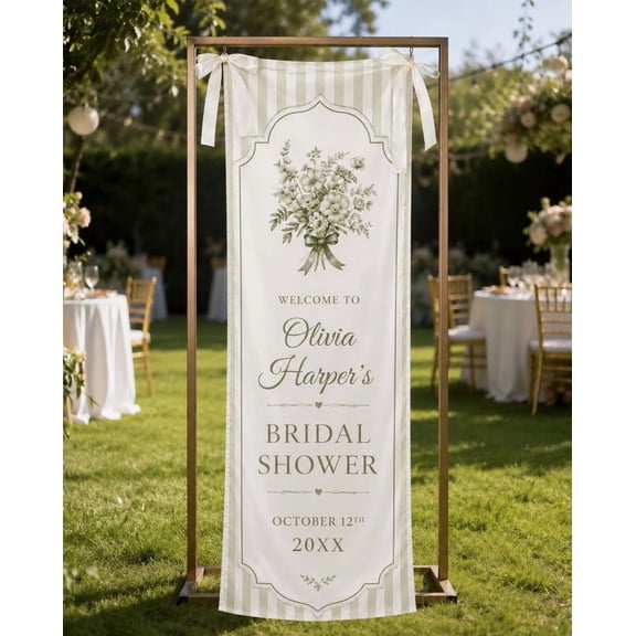 Sage Green Bridal Shower Fabric Welcome Sign, Custom Name and Date Banner, Elegant Shower Party Backdrop