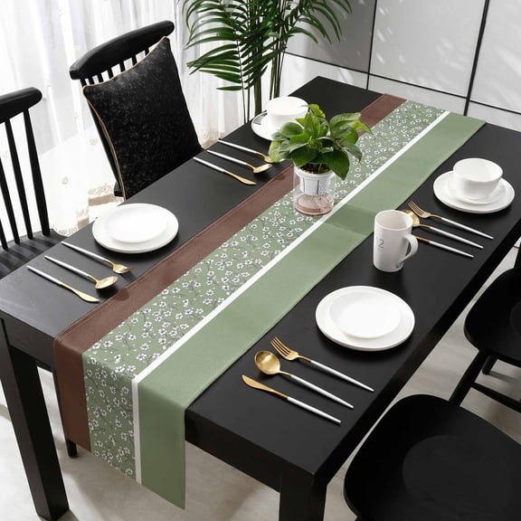 Sage Green Brown Flowers Cotton Linen Long Table Runner 13 x 108 inch Classic Botanical Art Elegant Non-slip Rectangular Dining Table Decor for Wedding Party Holiday Dinner