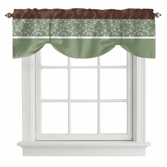 Sage Green Brown Flowers Tie Up Valance Curtains for Windows, Kitchen Curtains Window Treatments, Classic Botanical Art Elegant Short Window Shades Valances for Bedroom Bathroom Cafe 42"x18"