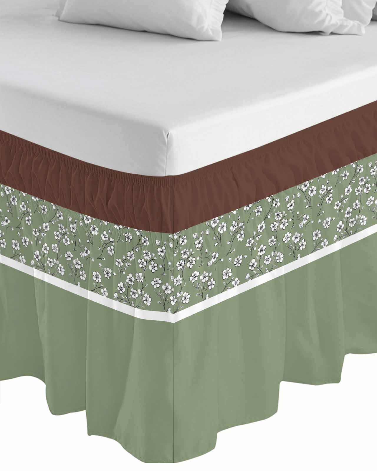 Sage Green Brown Flowers Wrap Around Bed Skirts for King Bed 18" Drop,Bed Skirt with Adjustable Elastic Belt Dust Ruffle Bed Valance for Bedroom Hotel Classic Botanical Art Elegant Bed Frame Cover