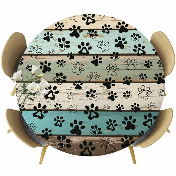 Sage Green Brown Paw Prints Round Tablecloth 45-54 Inch Round Fitted Table Cloth with Elastic Edge, Vintage Farmhouse Wooden Grain Waterproof Table Cover Protector for Outdoor Picnic Party Dining