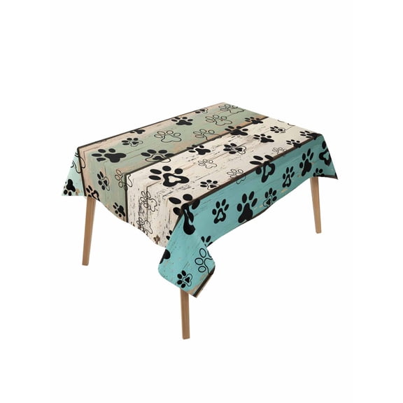 Sage Green Brown Paw Prints Table Cloth, Waterproof Tablecloth for Rectangle Tables, Vintage Farmhouse Wooden Grain Reusable Washable Fabric Table Cover for Restaurant Kitchen Dining Tables 52"x70"