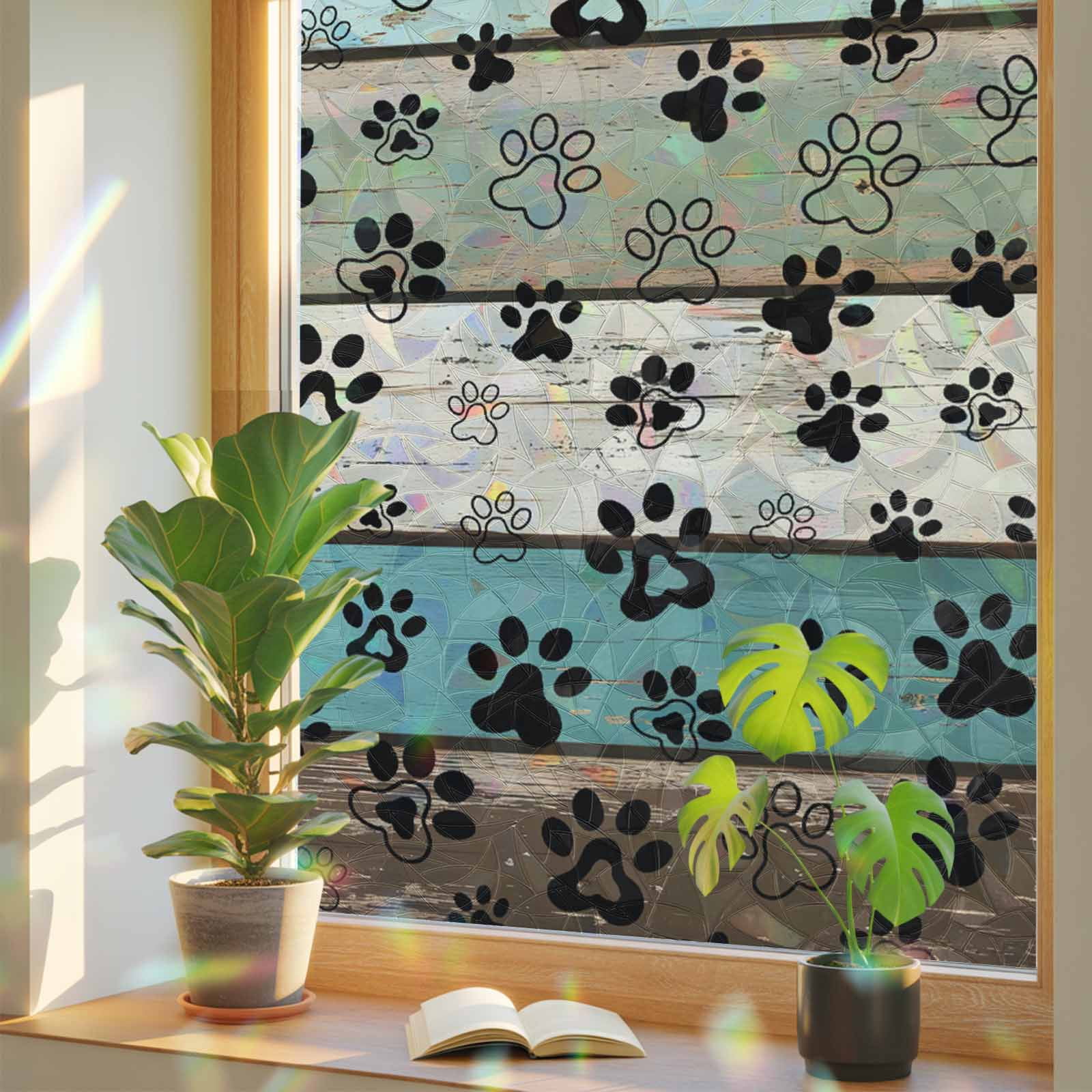 Sage Green Brown Paw Prints Window Privacy Film Rainbow Static Cling Stain Glass Window Film for Door, Decorative Sunroof Decal Sticker for Car Bathroom 17.7"x78.7" Vintage Farmhouse Wooden Grain