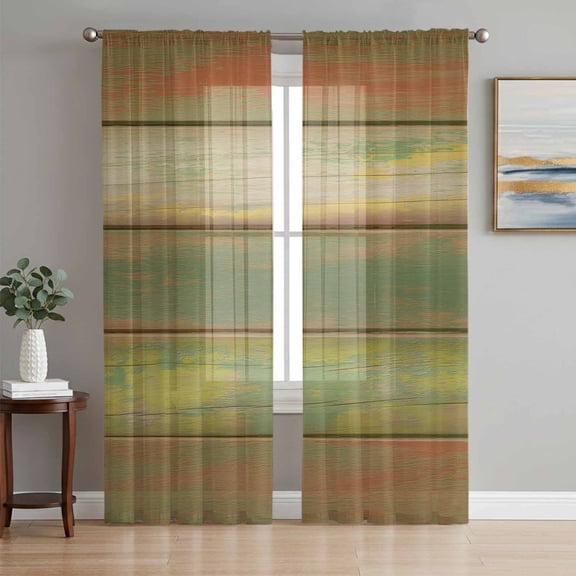 Sage Green Brown Sheer Curtains 63 Inch Length 2 Panels Set, Country Vintage Ombre Wooden Grain Voile Window Treatment Rod Pocket Curtains Sheers Drapes for Bedroom/Living Room/Kitchen 52x"63"x2