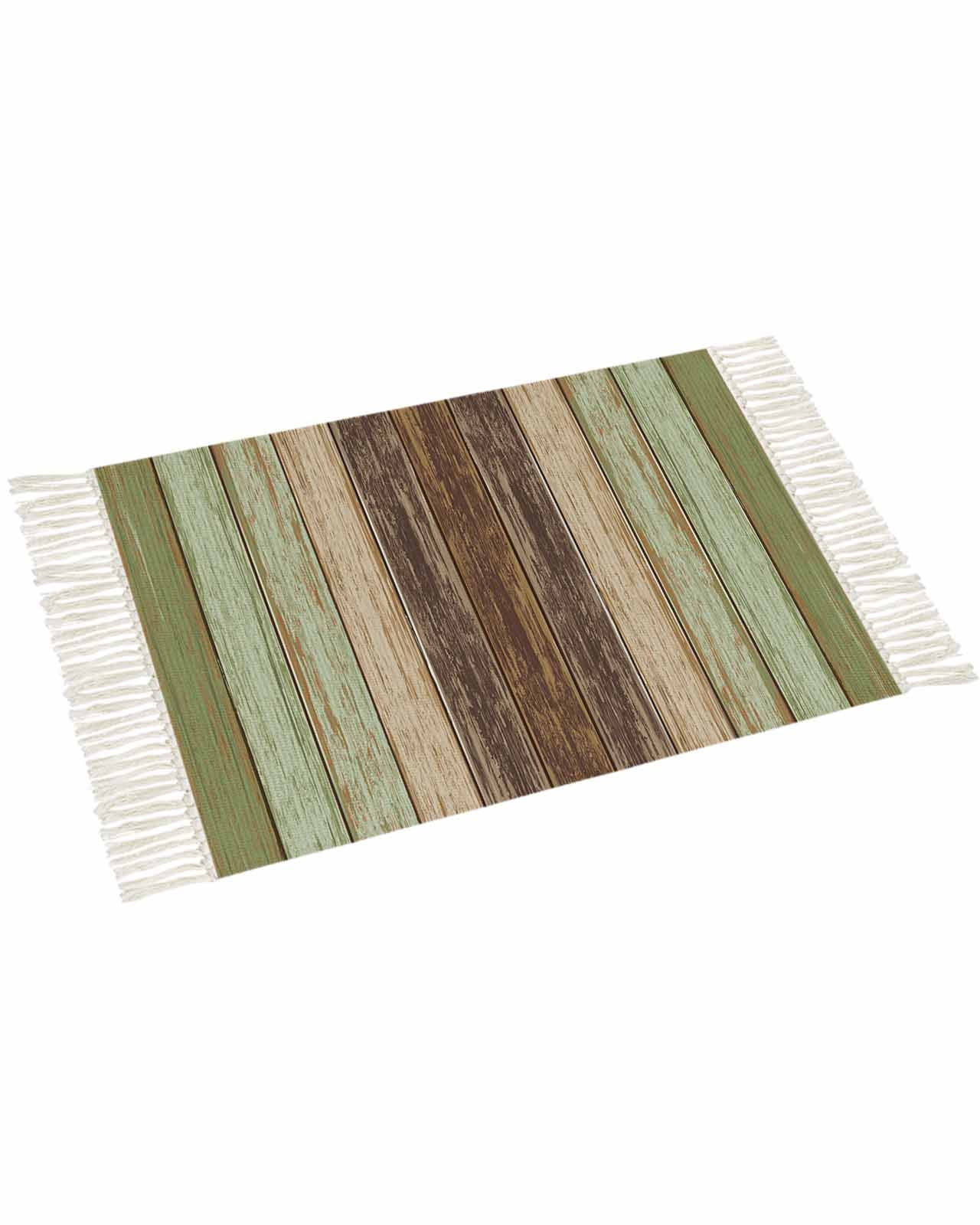 Wood Textile Rug Sage Green Brown Stripes Bedroom Rug 4'x6', Washable Woven Cotton Area ...